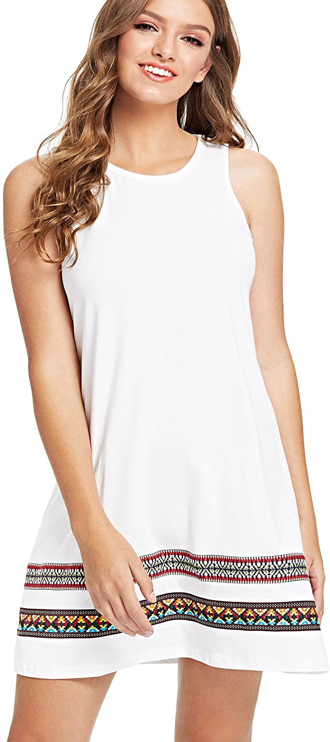 Women's Summer Boho Sleeveless Embroidered Hem Loose Casual Tank Dress