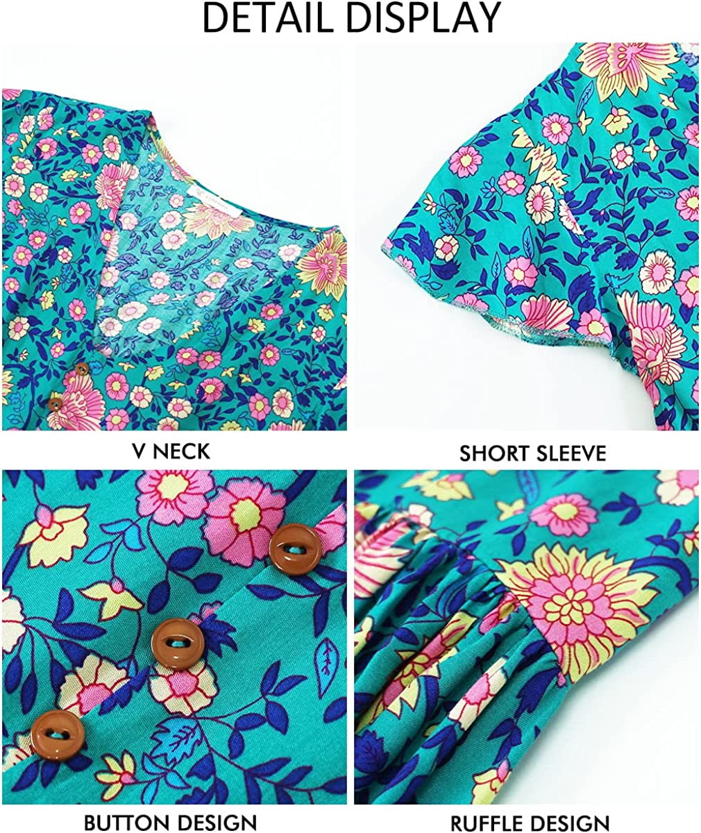 Women’s Summer Hot Short Sleeve V-Neck High Waist Floral Print Mini Boho Sun Dress with Button