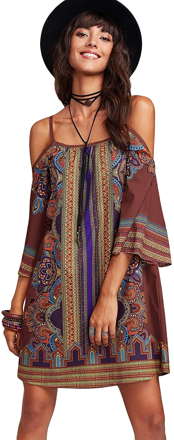 Women's Vintage Print Kimono Sleeve Geometric Tunic Boho Dress