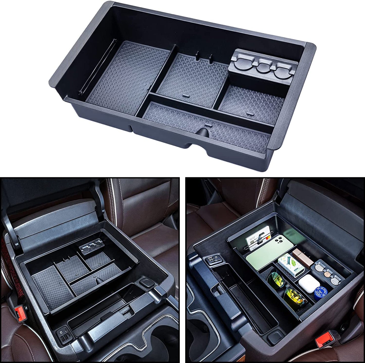 Compatible with Chevy Silverado/GMC Sierra 2014-2018 and Chevy Tahoe Suburban/GMC Yukon 2015-2020 Center Console Organizer Tray Accessories-Full Console w/Bucket Seats ONLY - (Black Trim)