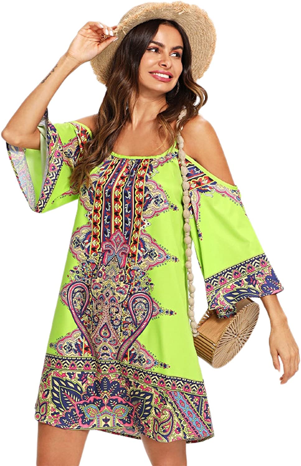 Women's Vintage Print Kimono Sleeve Geometric Tunic Boho Dress