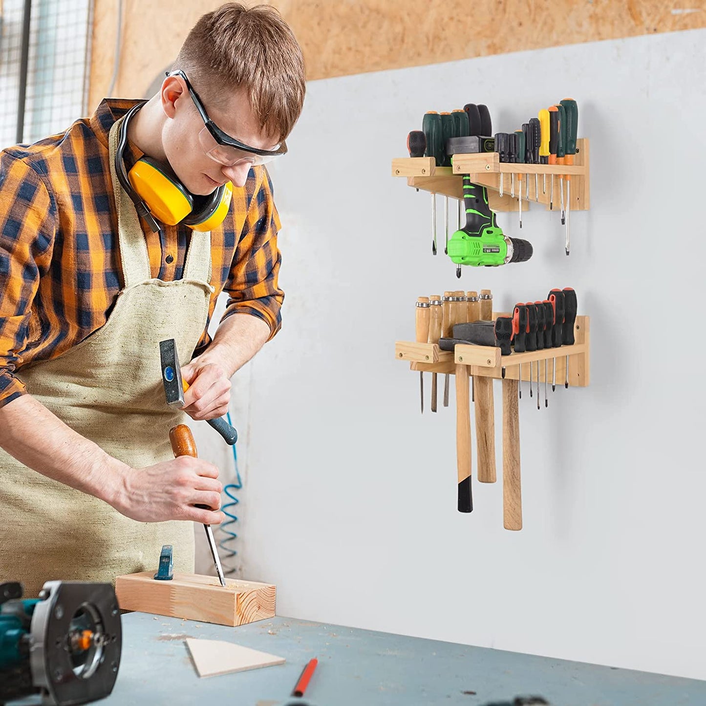 Screwdriver Organizer Tool Rack, ikkle Wood Strips Fixture Screwdriver Holder Hammer Rack, Pliers Holder, Scraper Rack, Wall Mounted Tool Storage for Workbench, Yard, Garage, Garden (4 Pcs)