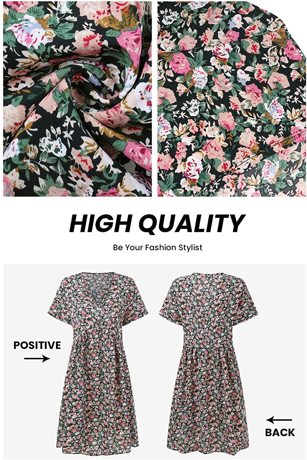 Summer Dress for Women Short Sleeve V Neck Ruffled Floral Swing A-Line Dresses