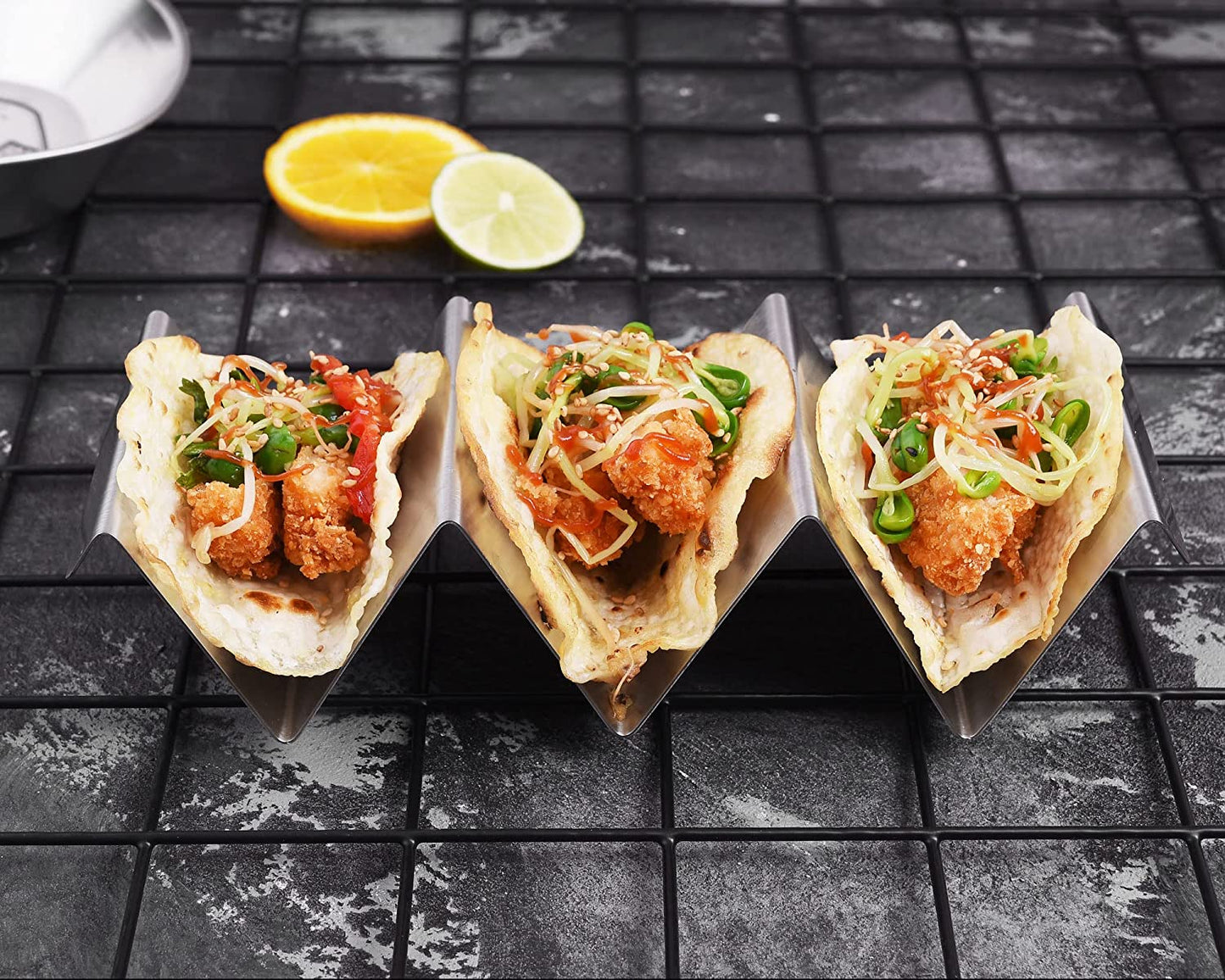 Taco Holders 4 Packs - Stainless Steel Taco Stand Rack Tray Style by ARTTHOME, Oven Safe for Baking, Dishwasher and Grill Safe