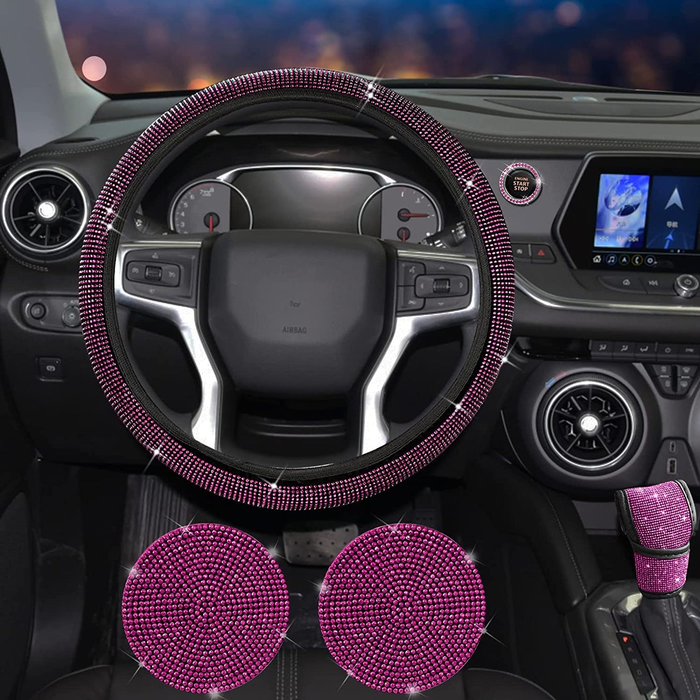 11 Pcs Bling Car Accessories Set,Bling Car Accessories Set for Women, Bling Steering Wheel Cover for Women Universal Fit 15 Inch, Rhinestone Center Console Cover (Pink)