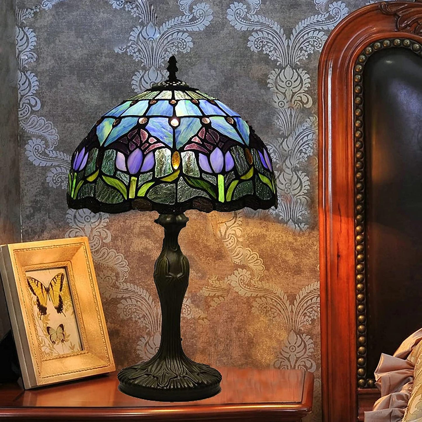 Errzom Tiffany Style Table Lamp Stained Glass Lamp Shade Purple Tulip Flower Reading Desk Light 12 Inches for Bedroom Study Living Room Office