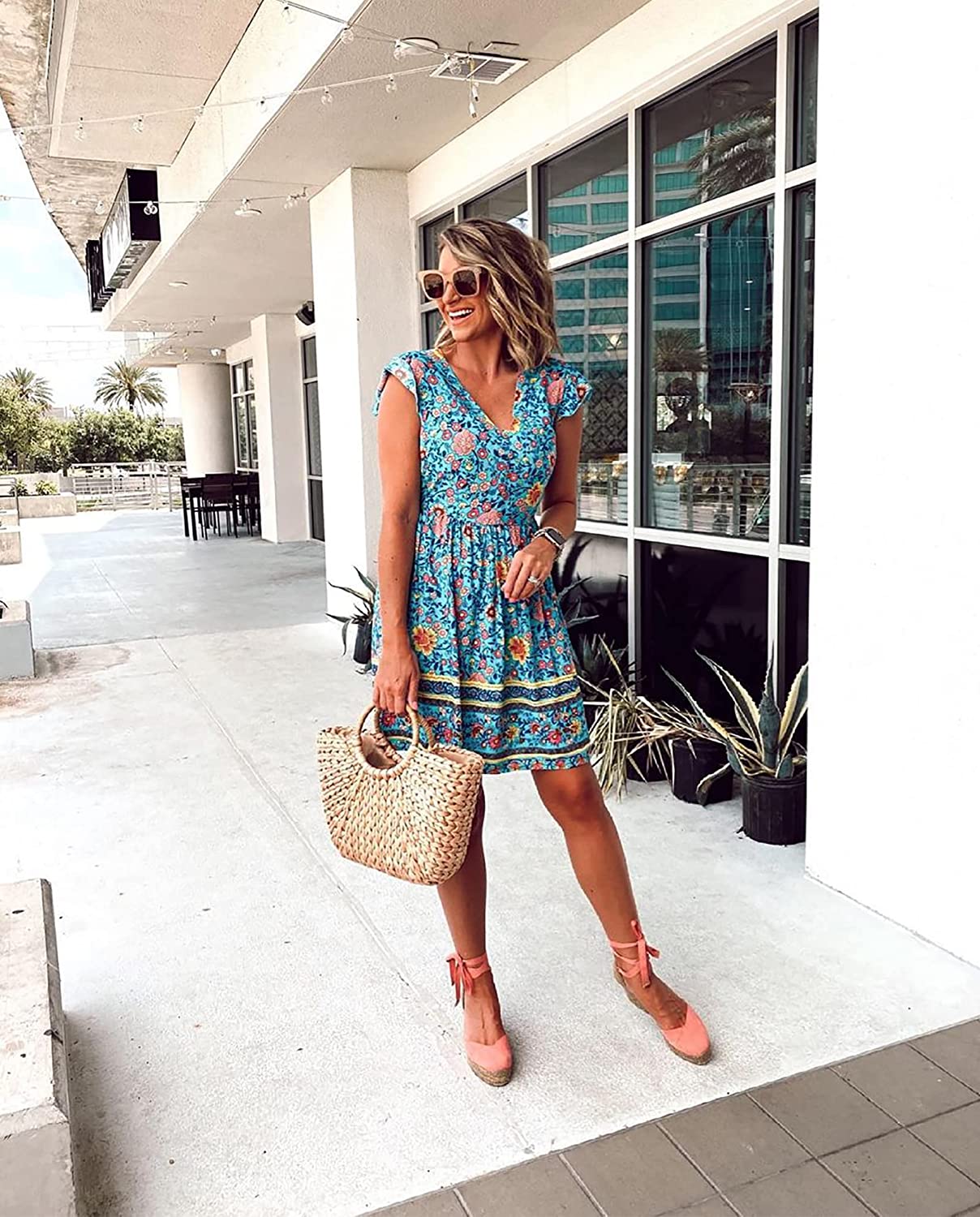 Women’s Summer Hot Short Sleeve V-Neck High Waist Floral Print Mini Boho Sun Dress with Button