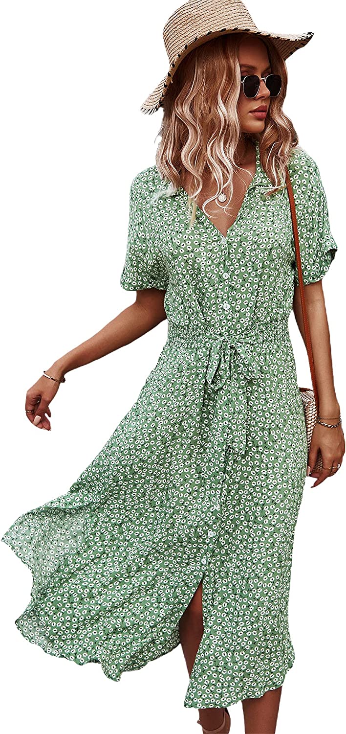 Womens Summer Dress Casual Ditsy Floral Tie Front Button Up Boho Midi Tshirt Dresses