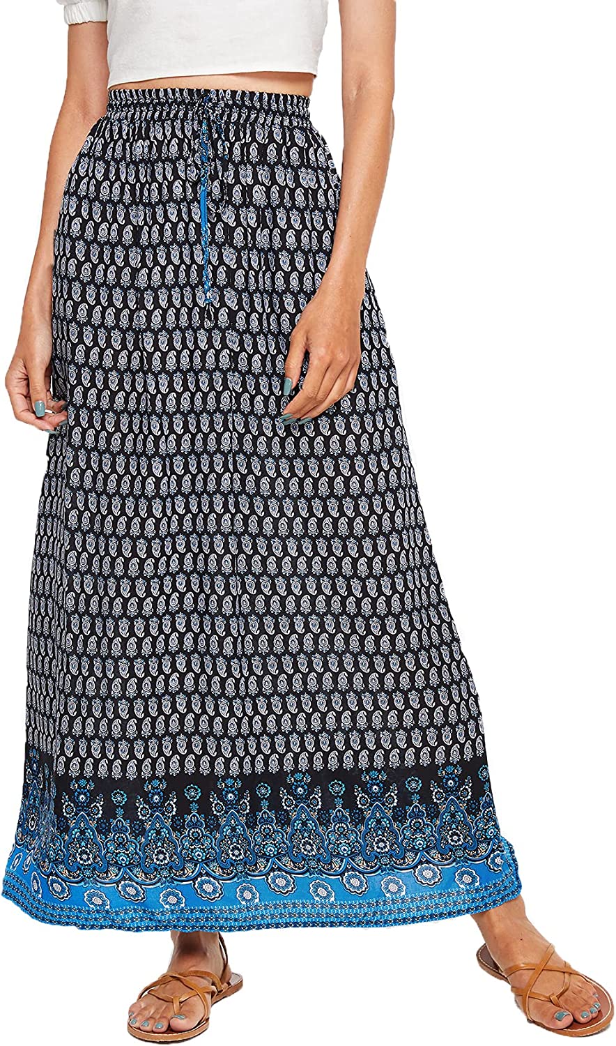 Women's Boho Vintage Print Pockets Side A Line Maxi Skirt