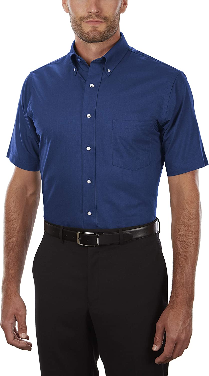 Heusen Men's Short Sleeve Dress Shirt Regular Fit Oxford Solid