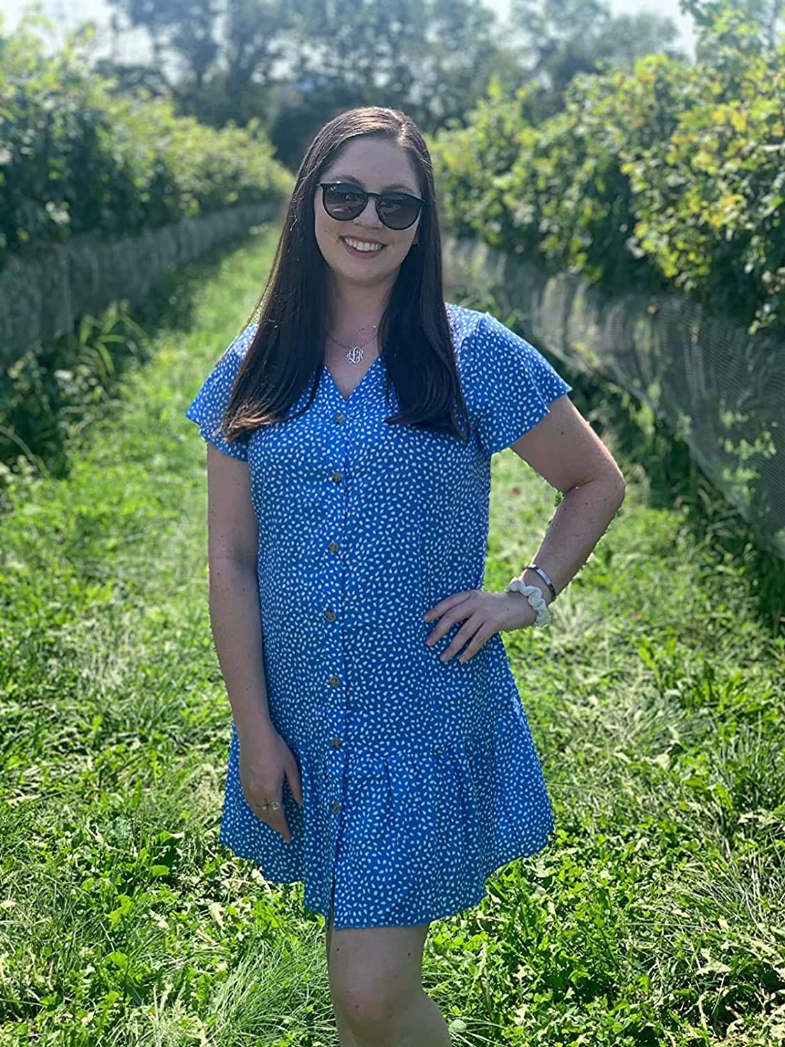 Womens Polka Dot V Neck Button Down Ruffles Loose Mini Short T-Shirt Dress