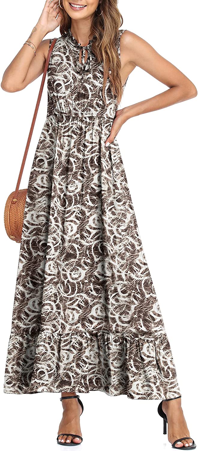 Women's Sleeveless Summer Tie Neck High Waist Casual Boho Dress Floral Print Ruffle Hem Long Beach Maxi Dresses