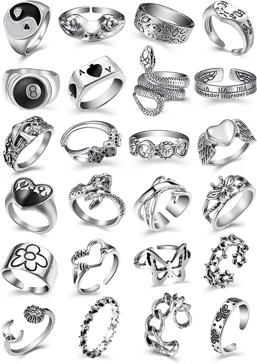 Vintage Silver Open Punk Rings for Men Women, 24PCS Adjustable Rings, Alt Rings, Chunky Silver Rings, Bulky Rings, Hippie Rings ,Cool Gothic Ring,Statement Stacking Ring, Skull Snake Star Flower Heart Eboy Emo Y2K Ring
