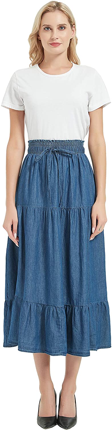 Womens A Line Long Midi Denim Skirt Tired Pleated Layers Elastic Waist Front Drawstring