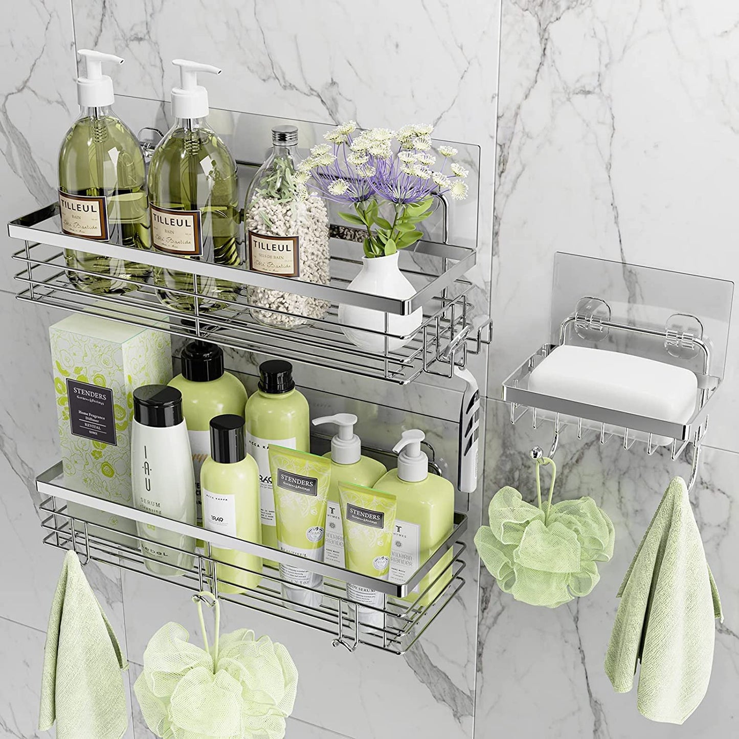 Shower Caddy with 5 Hooks Organizer for Hanging Razor and Sponge Bathroom Basket Adhesive Shower Shelf Storage Kitchen Rack Wall Mounted No Drilling Rustproof Stainless Steel - 2 Pack