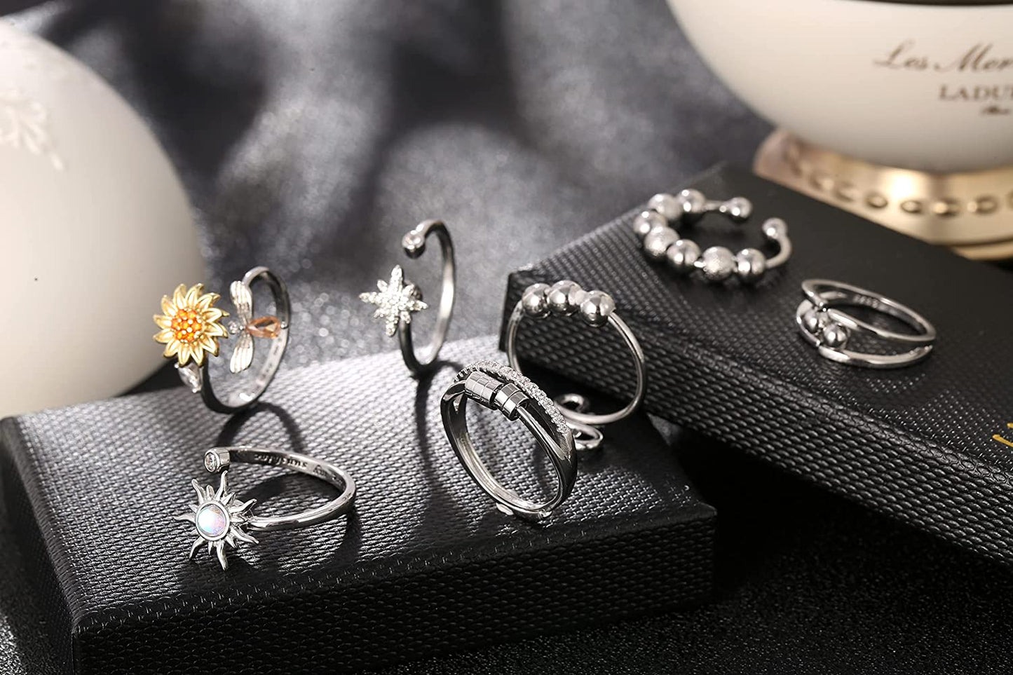 Adjustable Anxiety Ring for Women Fidget Rings for Anxiety Stress Relief for Teens with Cute Sunflower Bee Bead