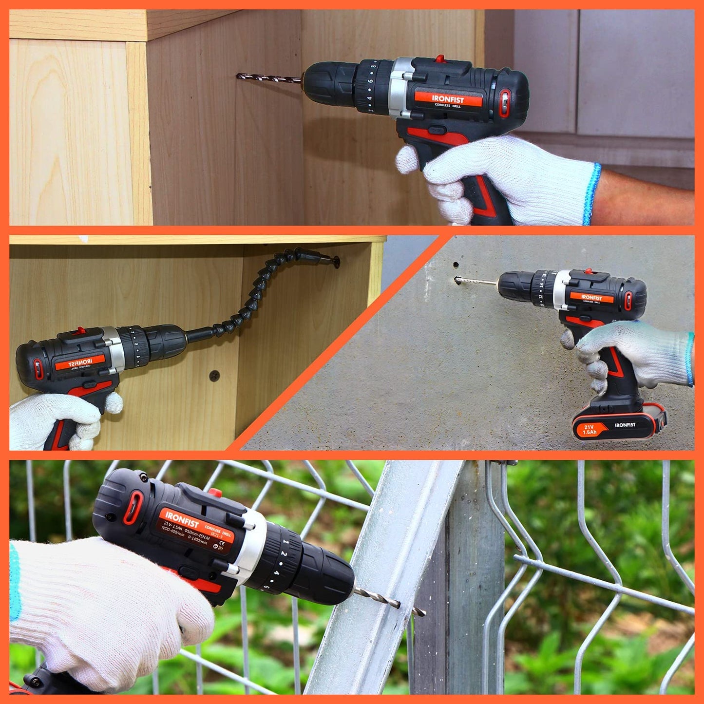 Cordless Drill, Screwdriver Impact Power Tools 21V Lithium Battery 45Nm Torque Setting with Led Light 2 Speed Driver