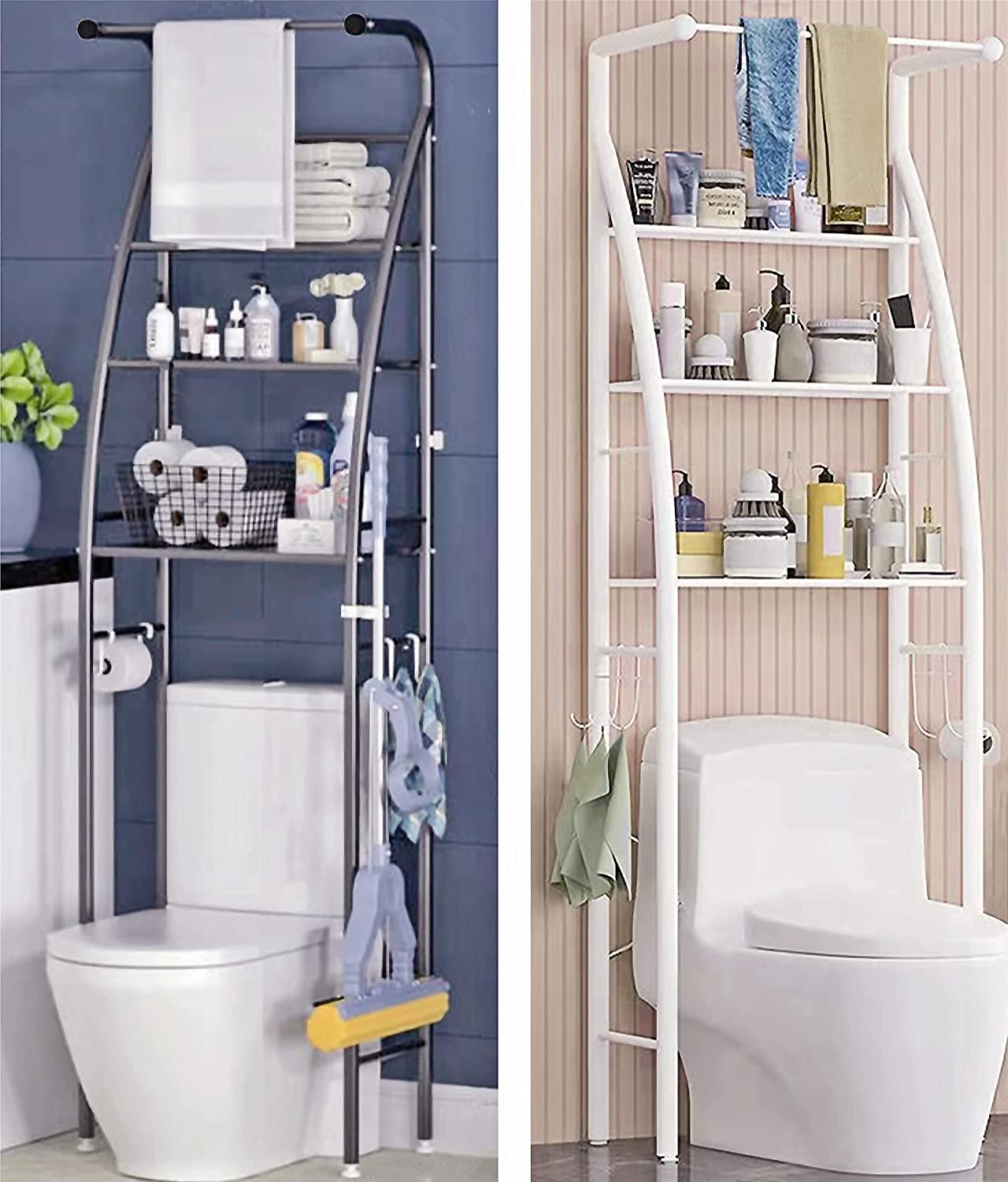 3 Tier Over The Toilet Storage Rack, Bathroom Space Saver Shelf Organizer Over Toilet with Towel Rod (White)