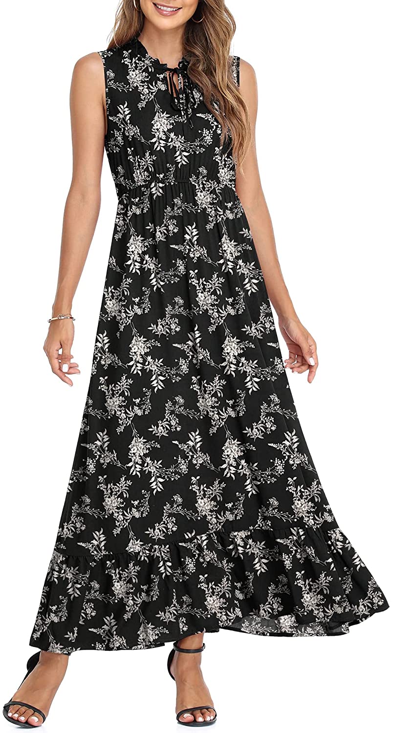 Women's Sleeveless Summer Tie Neck High Waist Casual Boho Dress Floral Print Ruffle Hem Long Beach Maxi Dresses