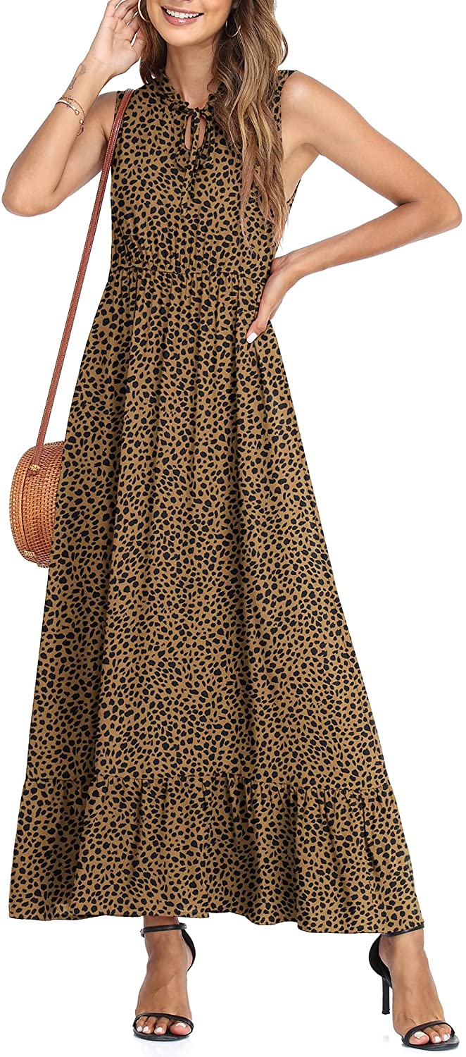 Women's Sleeveless Summer Tie Neck High Waist Casual Boho Dress Floral Print Ruffle Hem Long Beach Maxi Dresses