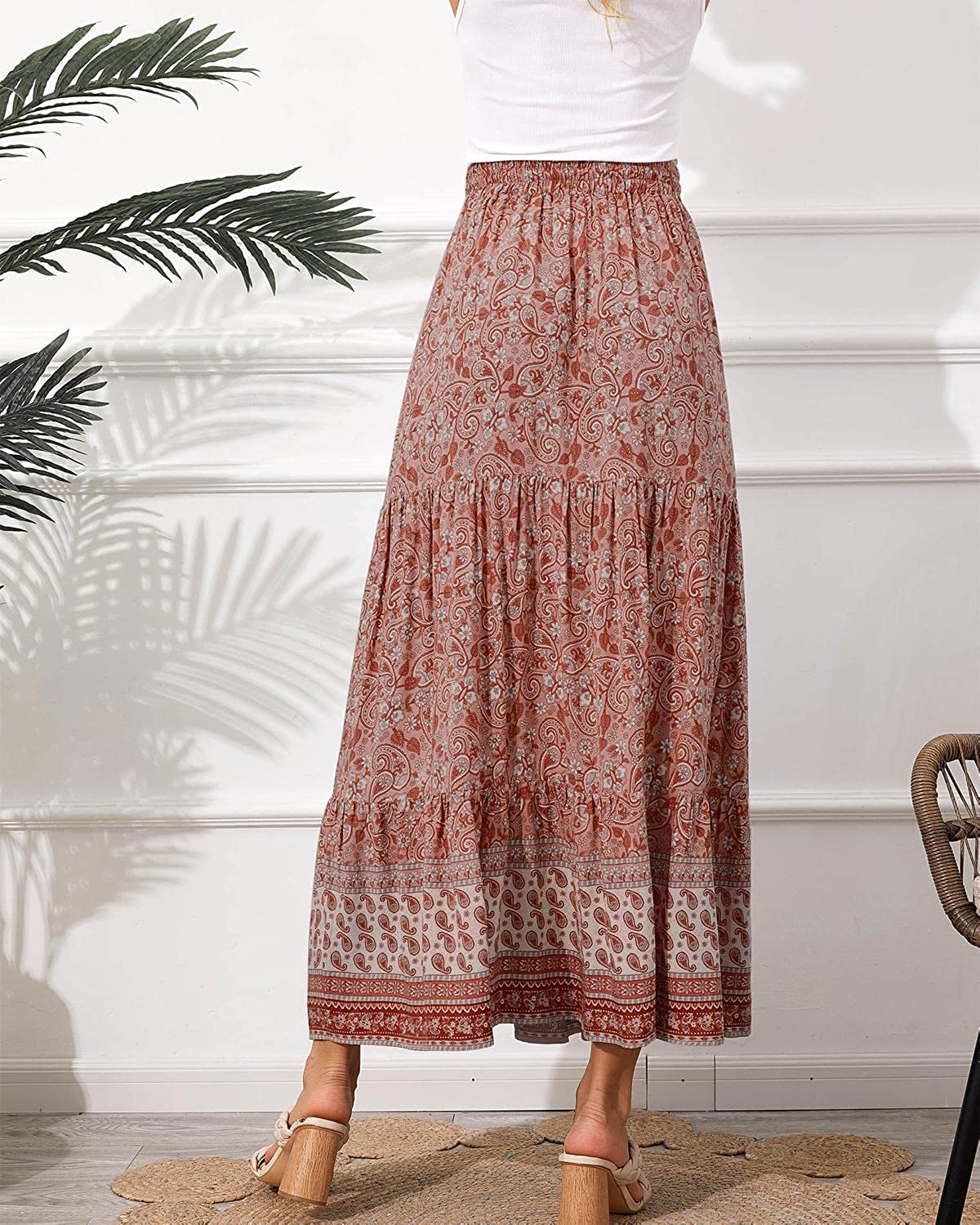 Women's Boho Maxi Skirts Elastic Waist A Line Flowy Tiered Button Split Floral Skirt