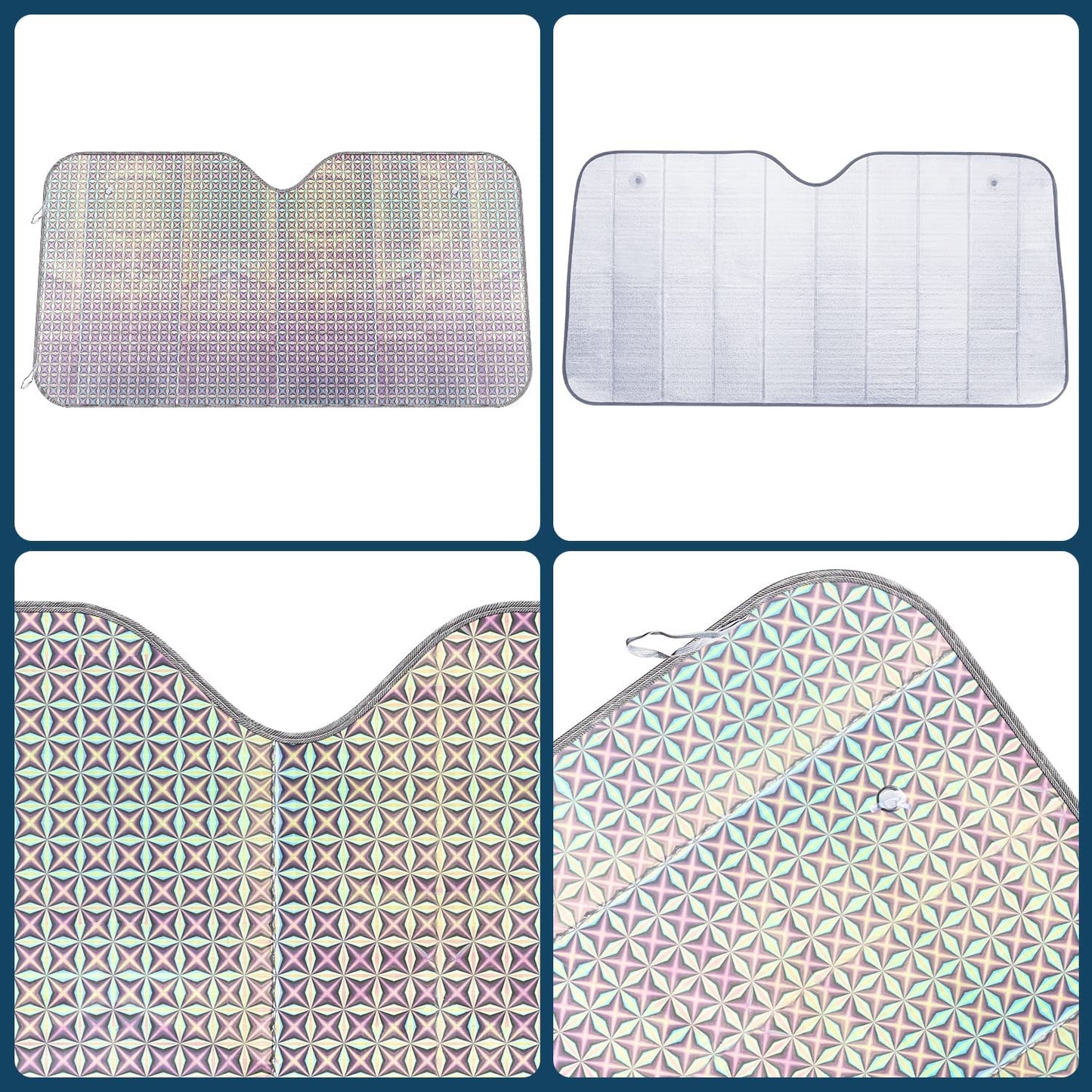 Car Windshield Sunshade, Accordion Foldable Front Windshield Sun Shade 5-Layer UV Protection Auto Sun Visor Cover Iridescent Bling Diamond Pattern Heat Reflector (54 x 27.5 Inch)
