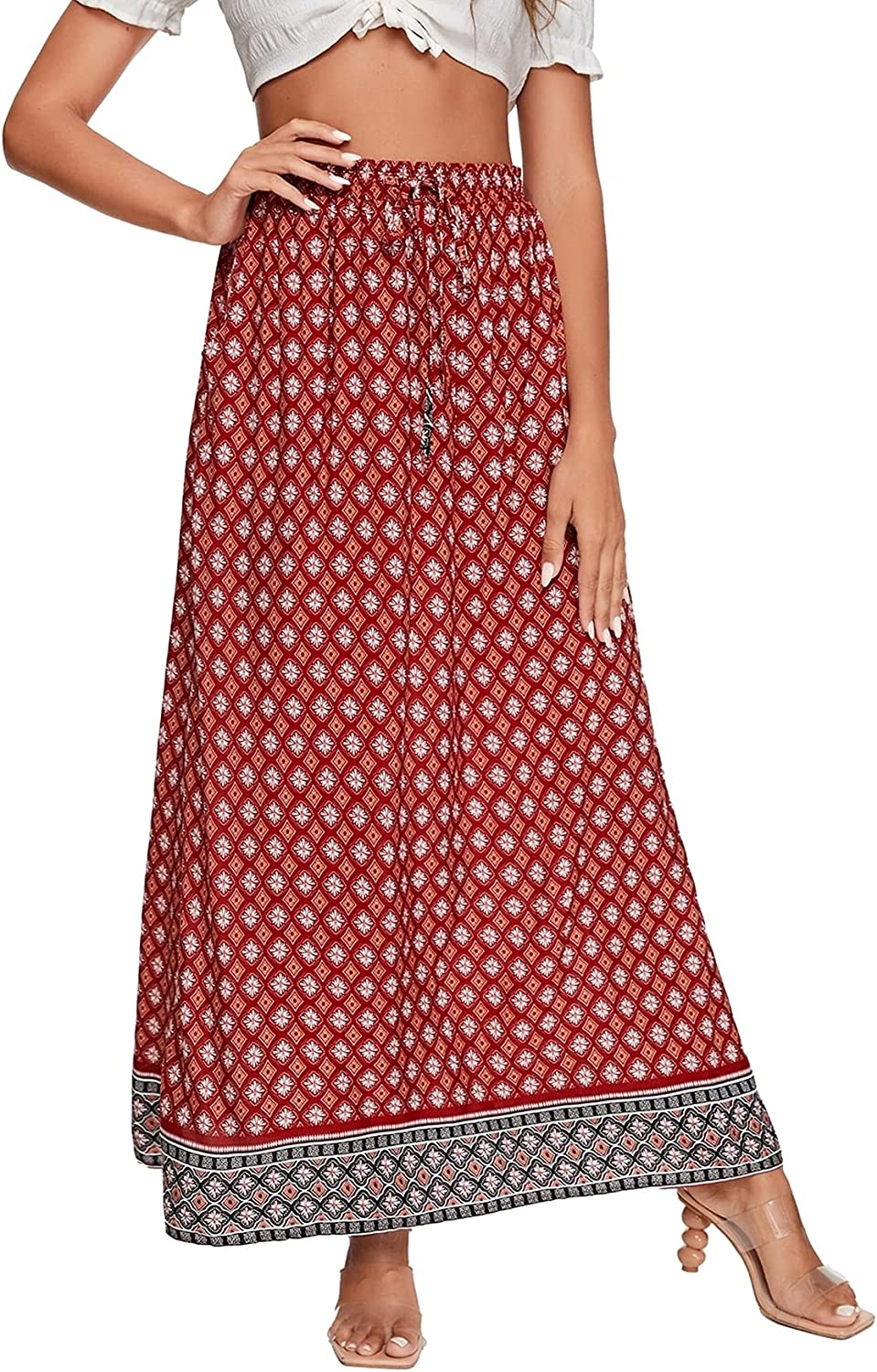Women's Boho Vintage Print Pockets Side A Line Maxi Skirt