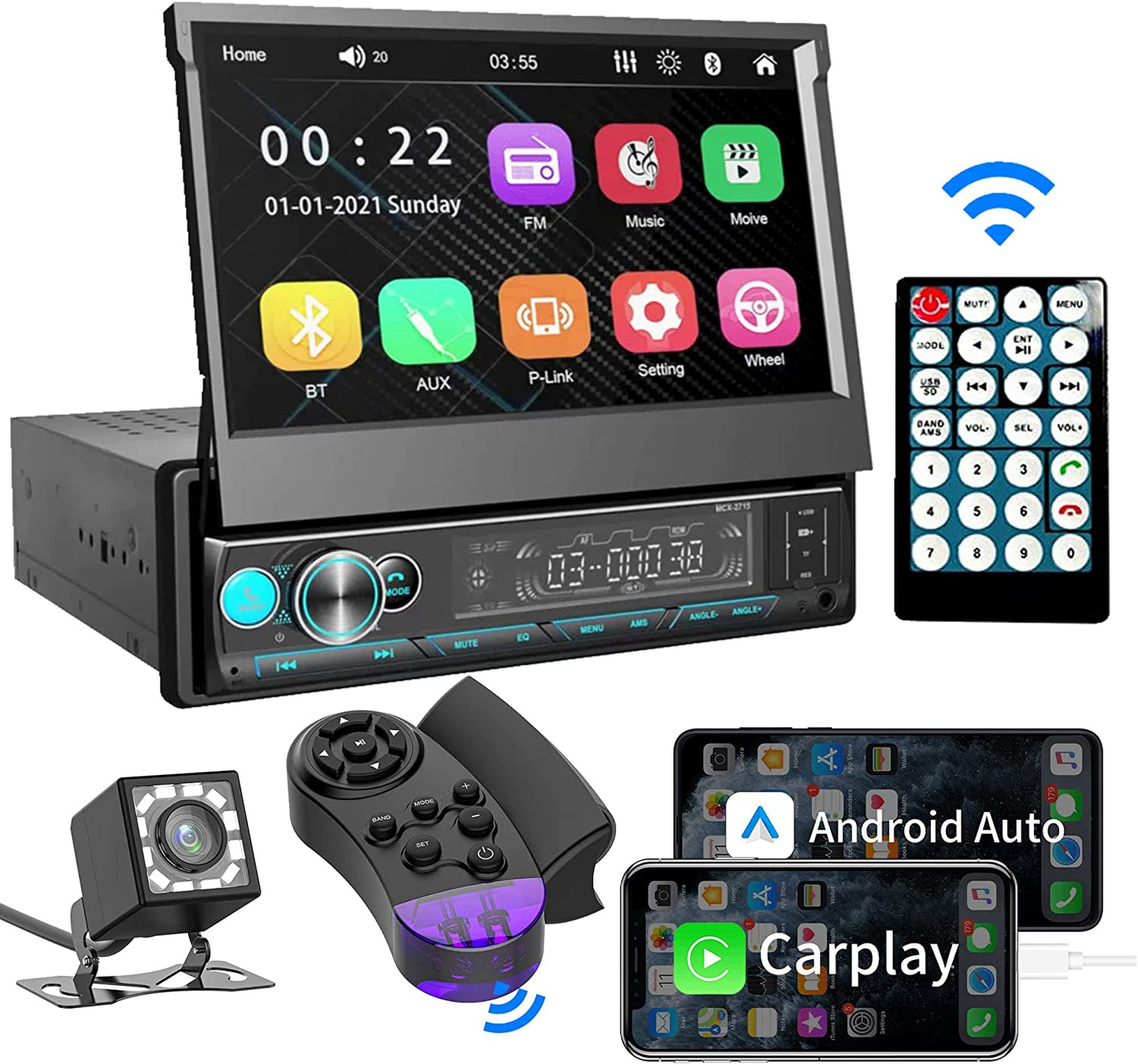 Single Din Car Stereo with Apple Carplay and Android Auto, 7 Inch Bluetooth Flip Out Head Unit with Subwoofer, USB/SD Port, A/V Input, FM Car Radio Receiver, Backup Camera