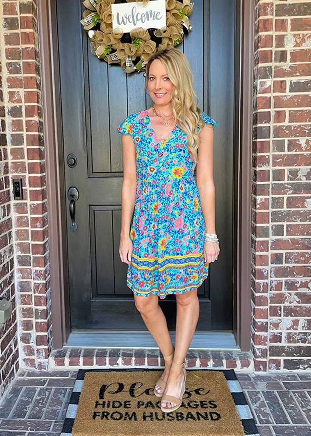 Women’s Summer Hot Short Sleeve V-Neck High Waist Floral Print Mini Boho Sun Dress with Button