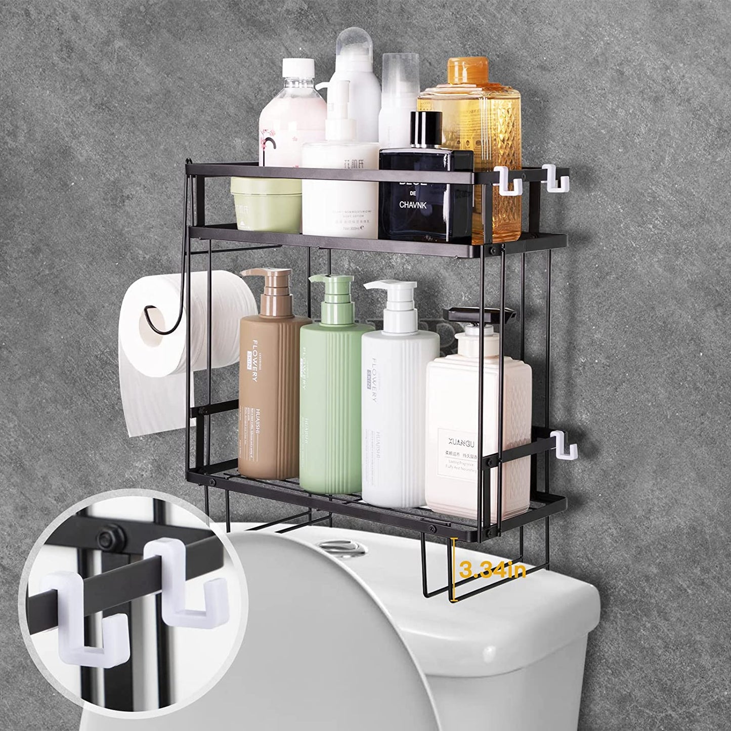 2-Tier Bathroom Shelf Over Toilet, Above Cabinet Restroom Storage Organizer Paper Holder, Space Saver No Drilling with Wall Mounting