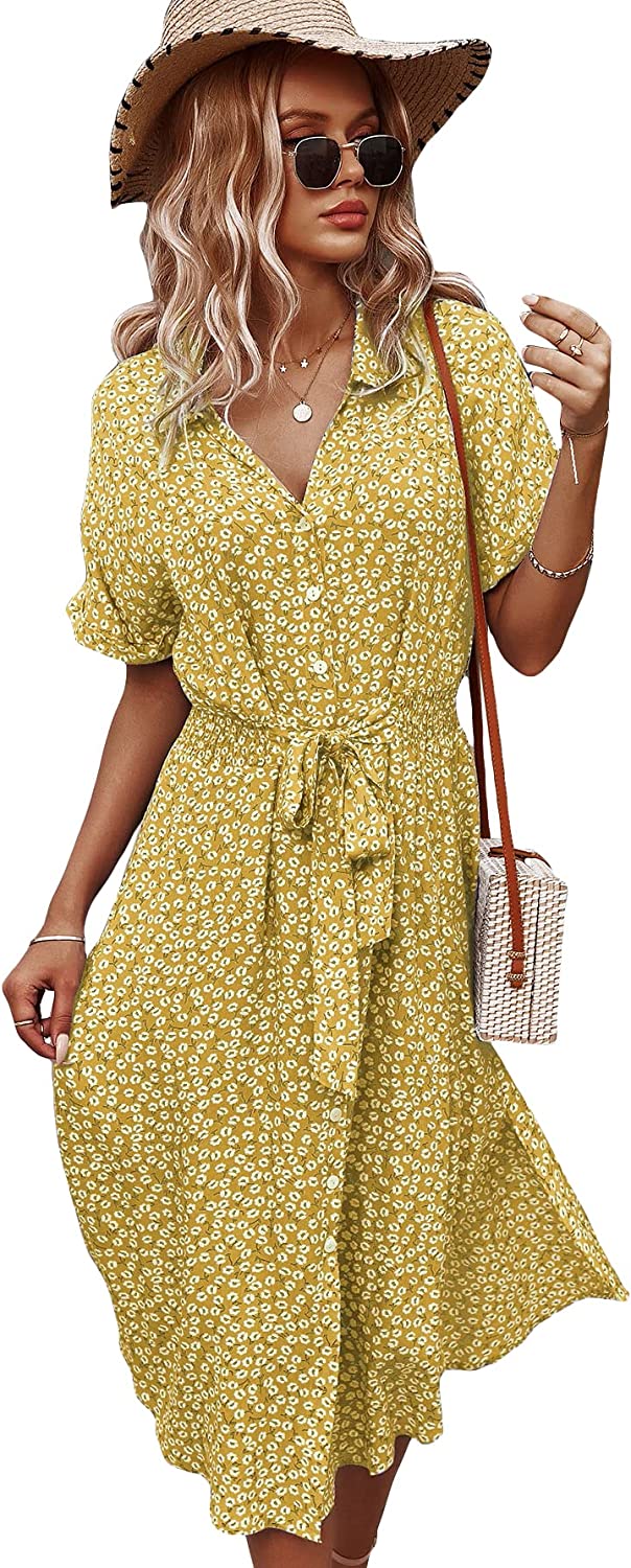 Womens Summer Dress Casual Ditsy Floral Tie Front Button Up Boho Midi Tshirt Dresses