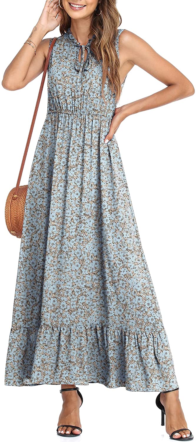 Women's Sleeveless Summer Tie Neck High Waist Casual Boho Dress Floral Print Ruffle Hem Long Beach Maxi Dresses