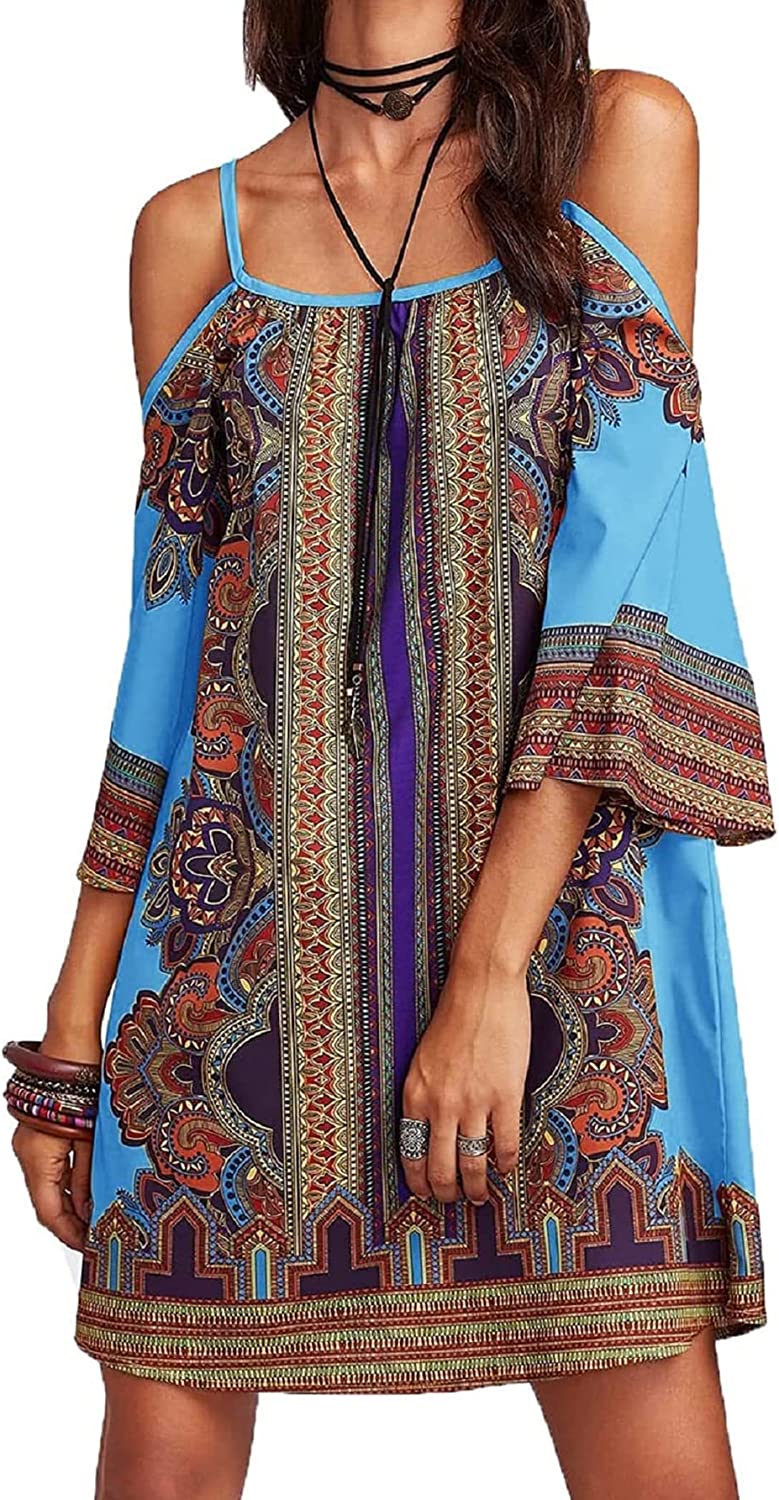 Women's Vintage Print Kimono Sleeve Geometric Tunic Boho Dress