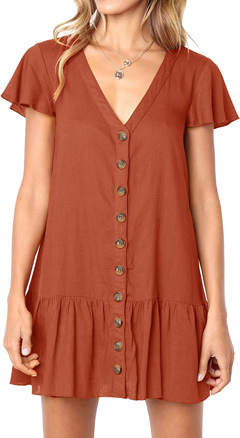 Womens Polka Dot V Neck Button Down Ruffles Loose Mini Short T-Shirt Dress