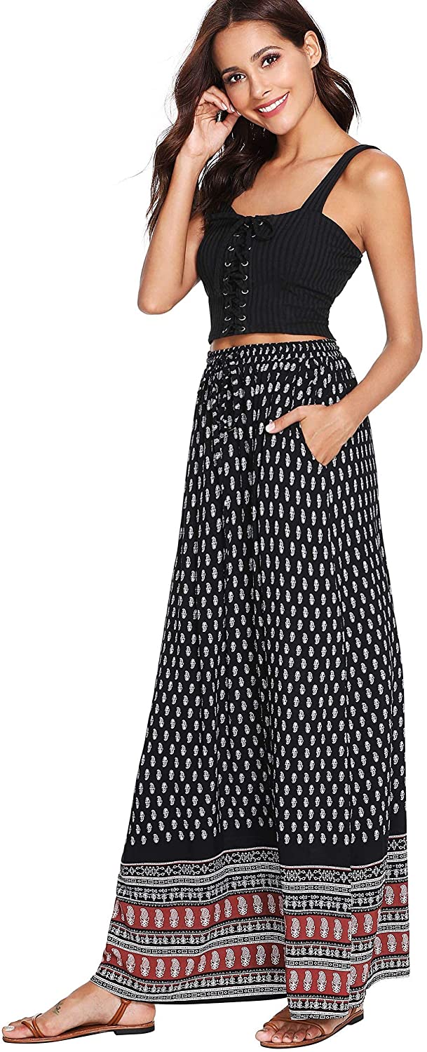 Women's Boho Vintage Print Pockets Side A Line Maxi Skirt