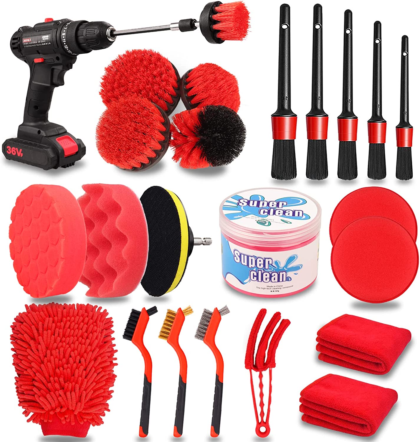 24PCS Car Detailing Brush Set, Car Detailing kit, Auto Detailing Drill Brush Set, Car Detailing Brushes, Car Wash Kit with Cleaning Gel, Car Cleaning Tools Kit for Interior,Exterior, Wheels, Dashboard