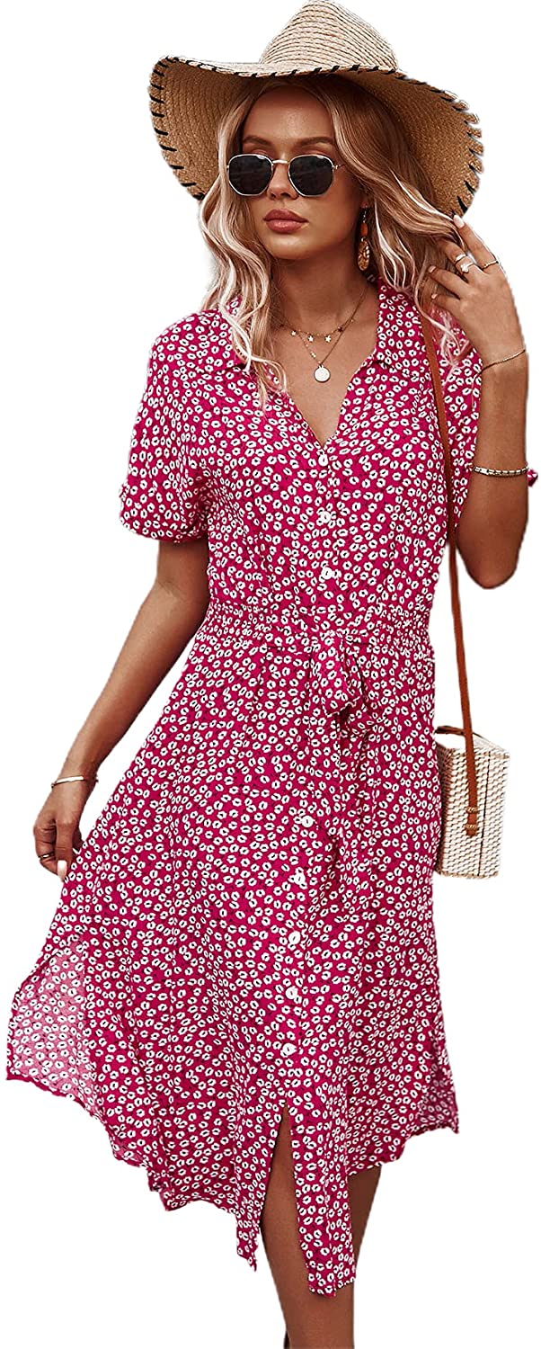 Womens Summer Dress Casual Ditsy Floral Tie Front Button Up Boho Midi Tshirt Dresses