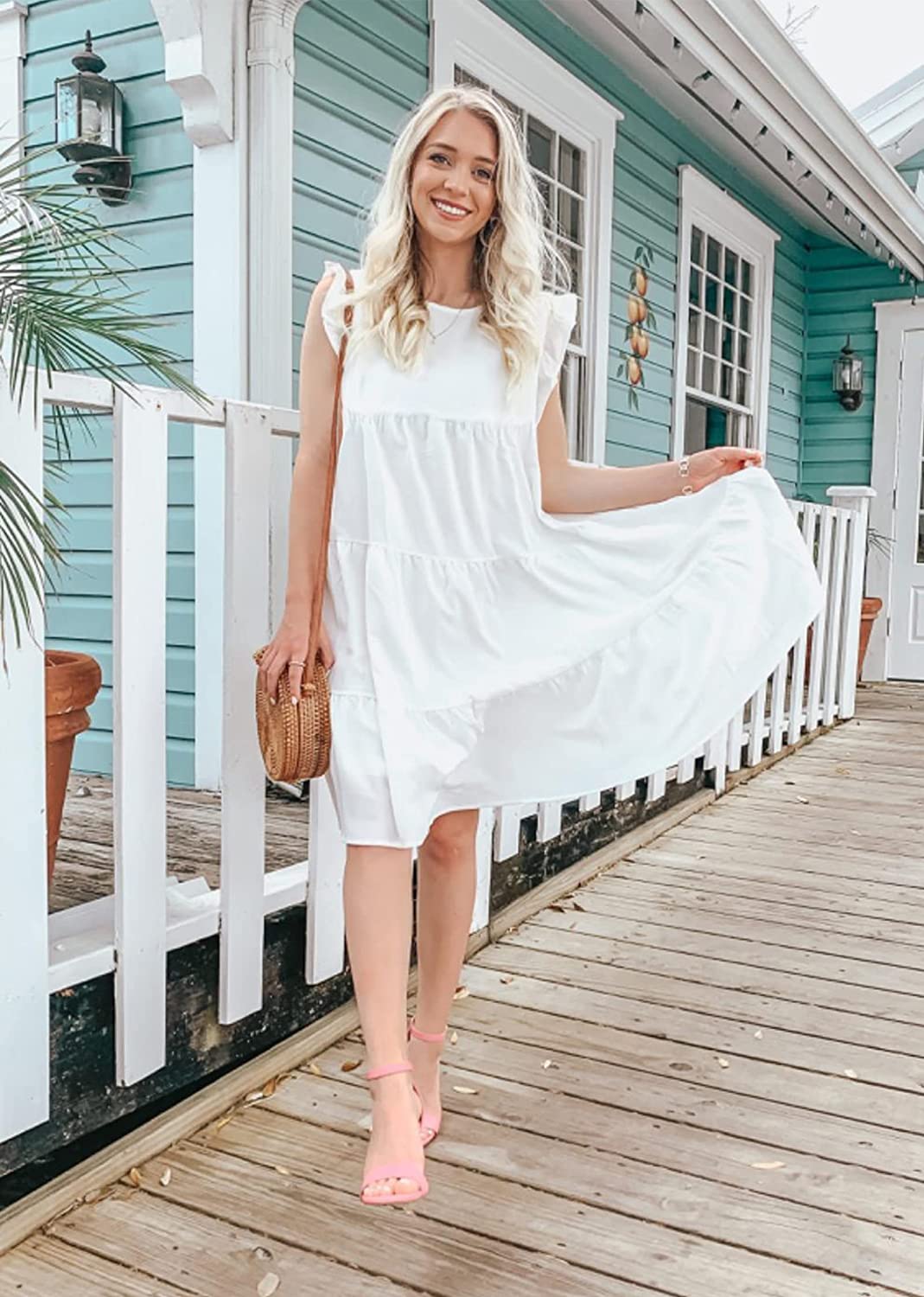 Women’s Summer Dress Sleeveless Ruffle Sleeve Round Neck Mini Dress Solid Color Loose Fit Short Flowy Pleated Dress