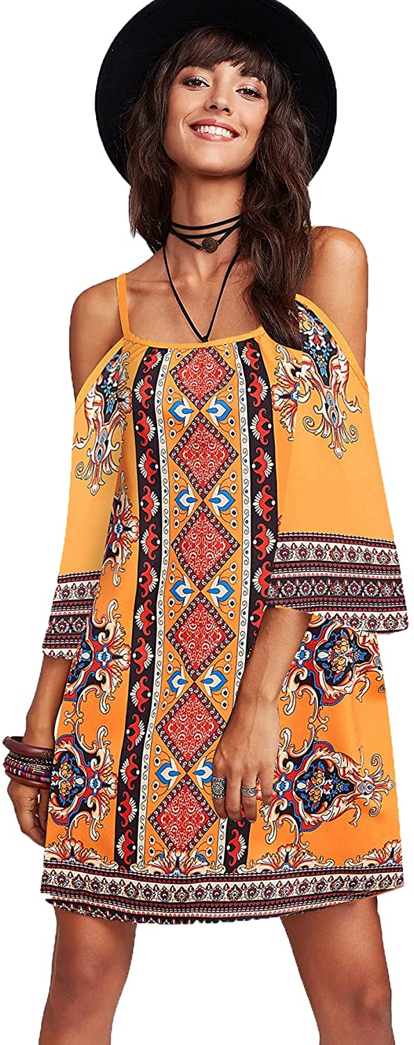 Women's Vintage Print Kimono Sleeve Geometric Tunic Boho Dress