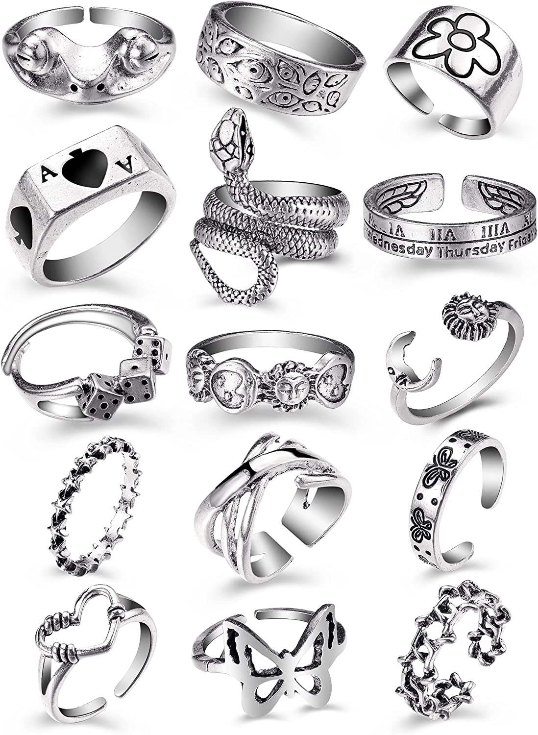Vintage Silver Open Punk Rings for Men Women, 24PCS Adjustable Rings, Alt Rings, Chunky Silver Rings, Bulky Rings, Hippie Rings ,Cool Gothic Ring,Statement Stacking Ring, Skull Snake Star Flower Heart Eboy Emo Y2K Ring