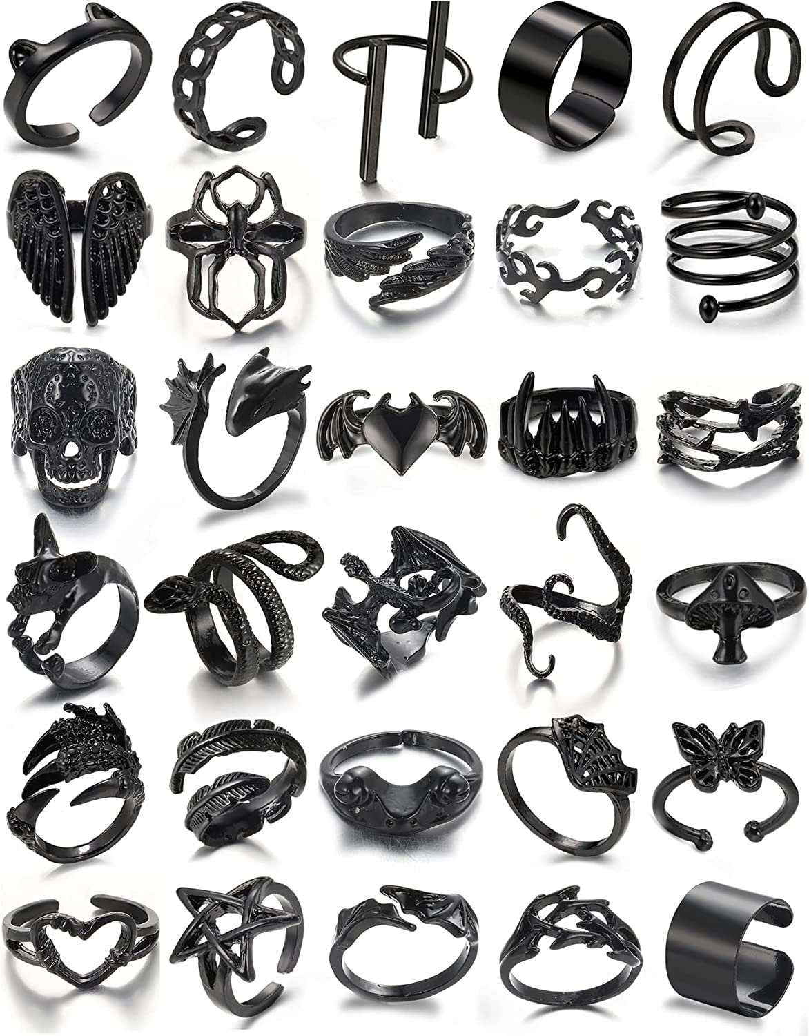 Vintage Silver Chain Punk Finger Rings for Men Women Girls,Cool Gothic Hip Pop Adjustable Full Four Open Rings,Statement Stackable Rings Set,Skull Snake Butterfly Flower Heart Eboy Emo Y2K Ring Set