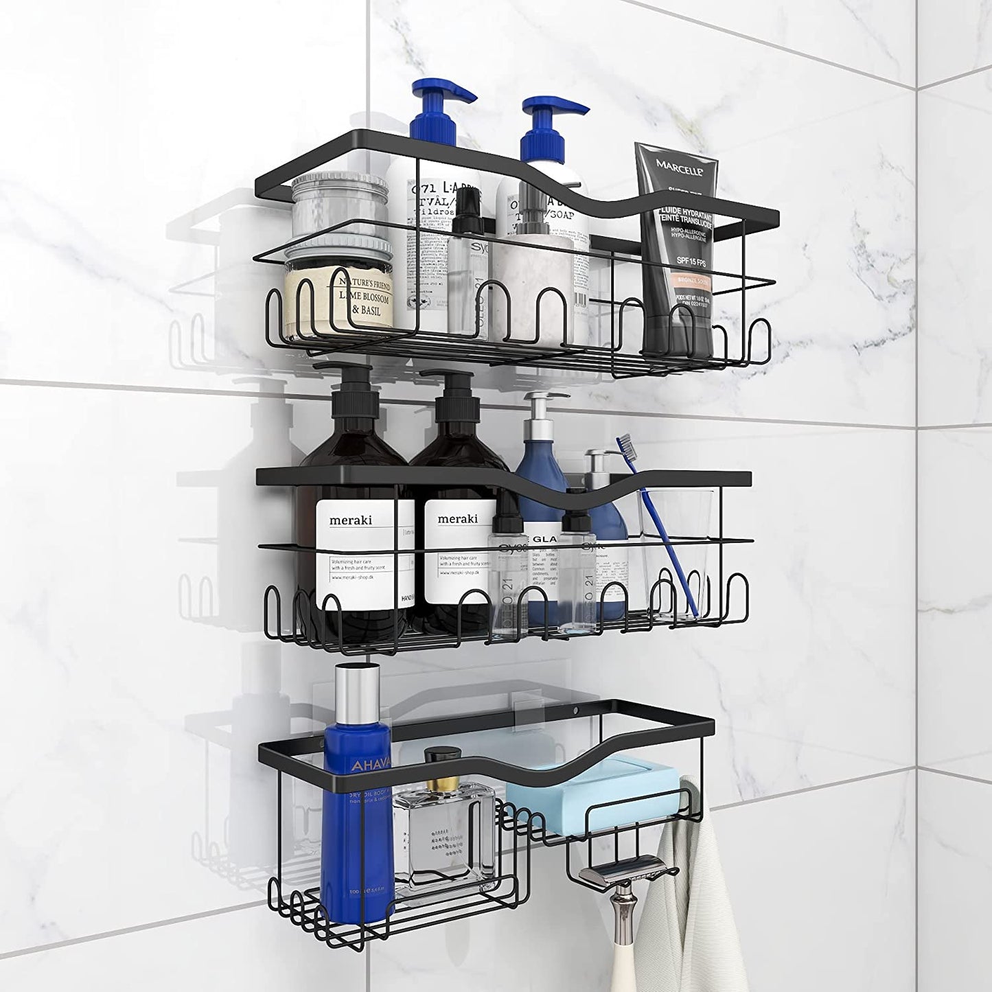 3 Pack Shower Caddy Organizer, Adhesive Shower Shelf for Inside Shower,Stainless Steel Bathroom Organizer Shelf Shower Basket Storage Shower Rack, Shower Wall Caddy with 4 Removable Hooks Metal Black