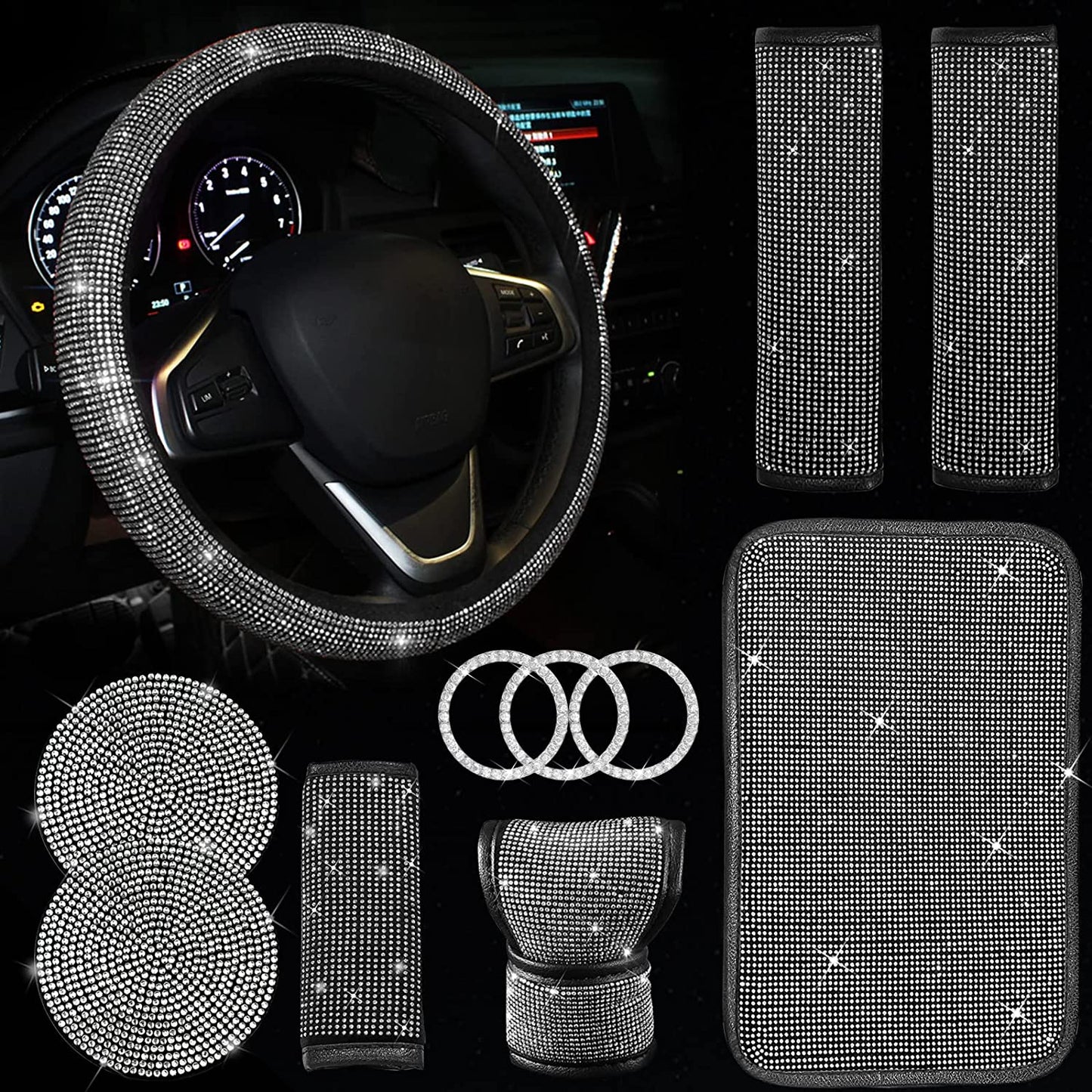 11 Pcs Bling Car Accessories Set,Bling Car Accessories Set for Women, Bling Steering Wheel Cover for Women Universal Fit 15 Inch, Rhinestone Center Console Cover (Pink)