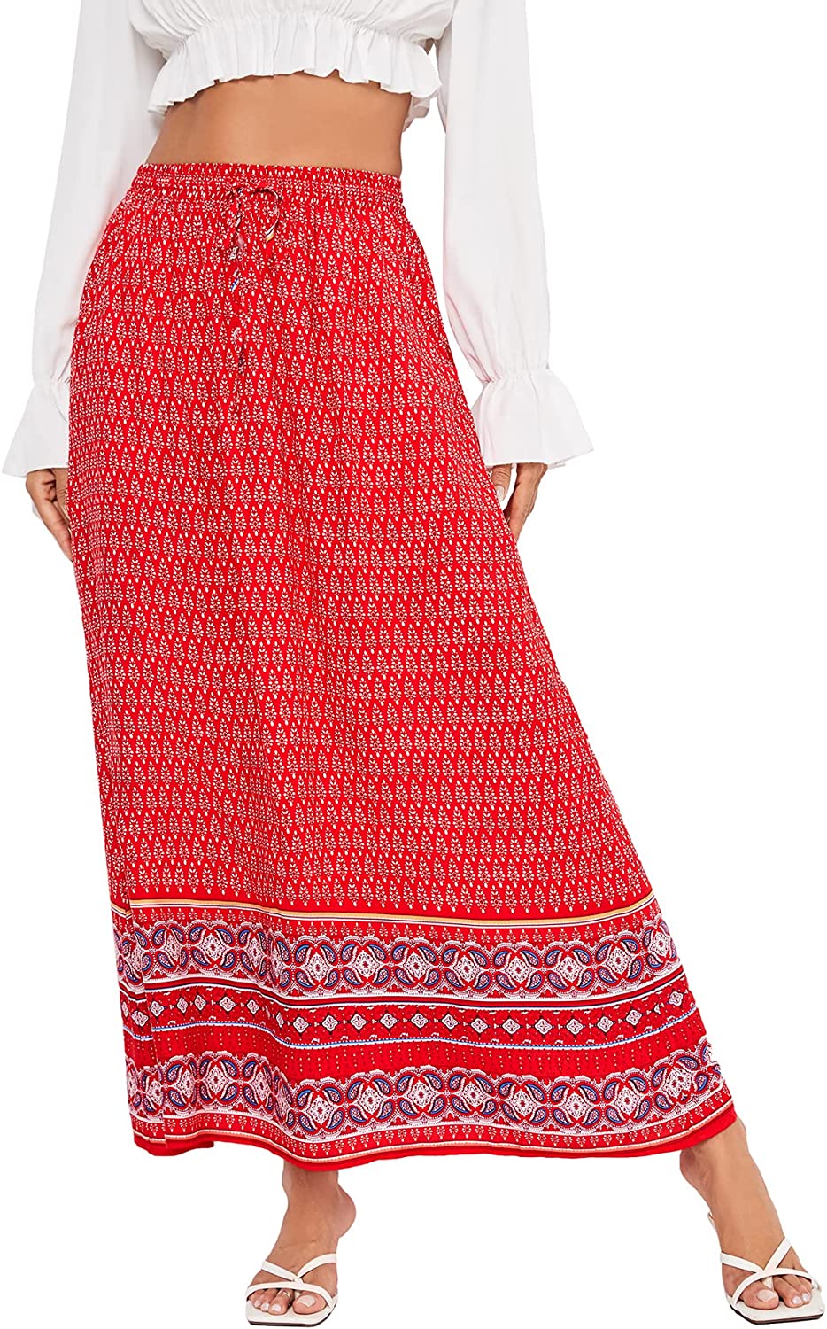 Women's Boho Vintage Print Pockets Side A Line Maxi Skirt