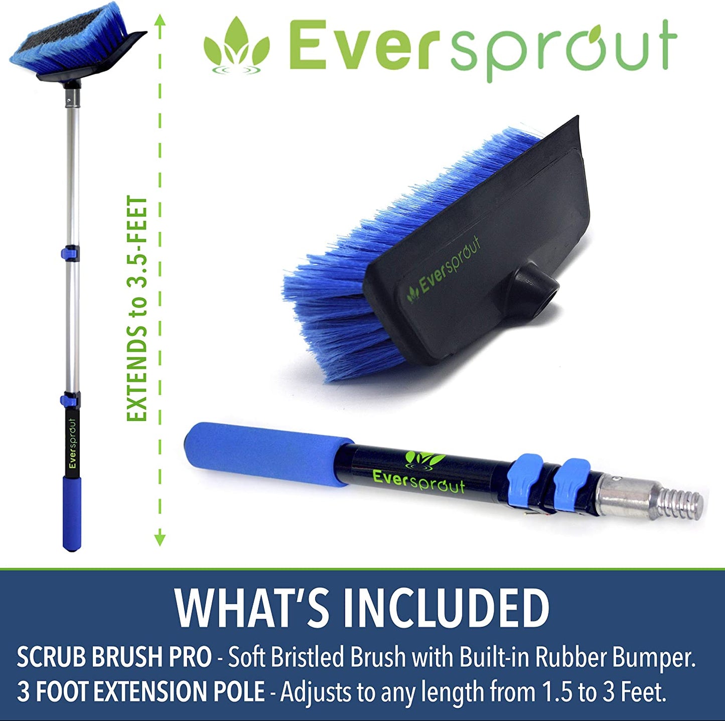 1.5-to-3.5 Foot Scrub Brush | Built-in Rubber Bumper | Lightweight Extension Pole Handle | Soft Bristles wash Car, RV, Boat, Solar Panel, Deck | Shower Brush for Cleaning | Floor Brush