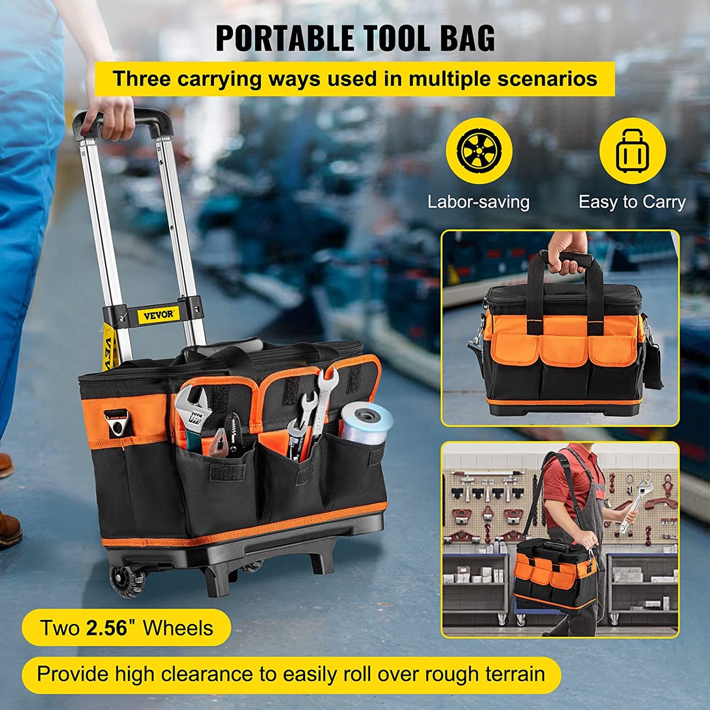 Rolling Tool Bag, 14in Tool Bag with Wheels, 17 Pockets Roller Tool Bag, 110lb Load Capacity Rolling Tool Bag w/Wheels, Roller Tool Box w/Two 2.56in Wheels, Rolling Tote w/Telescoping Handle