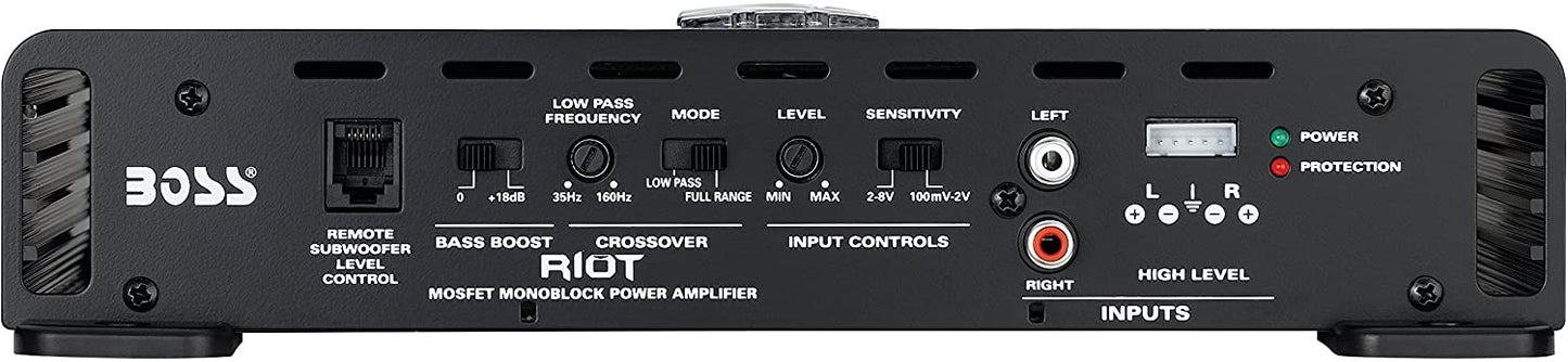 R1100M Riot Series Car Audio Subwoofer Amplifier - 1100 High Output, Monoblock, Class A/B, 2/4 Ohm Stable, Low/High Level Inputs, Low Pass Crossover, Mosfet Power Supply, Stereo