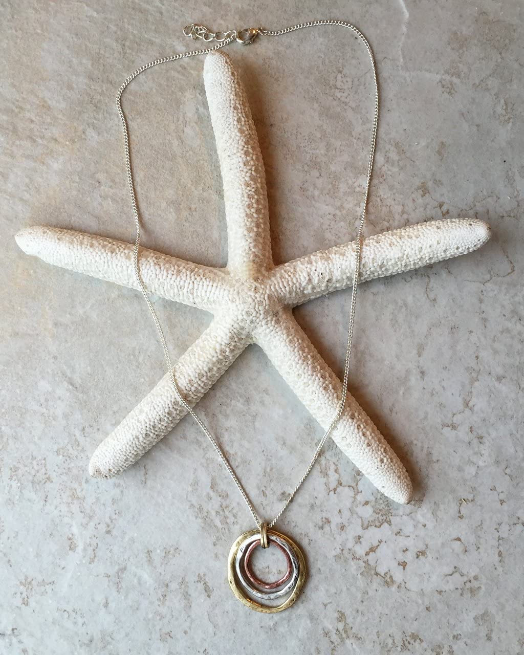 Of Earth and Ocean HANDMADE Sunrise Pendant Necklace, Triple Circles in Tri-Tone Copper, Brass, and Silver