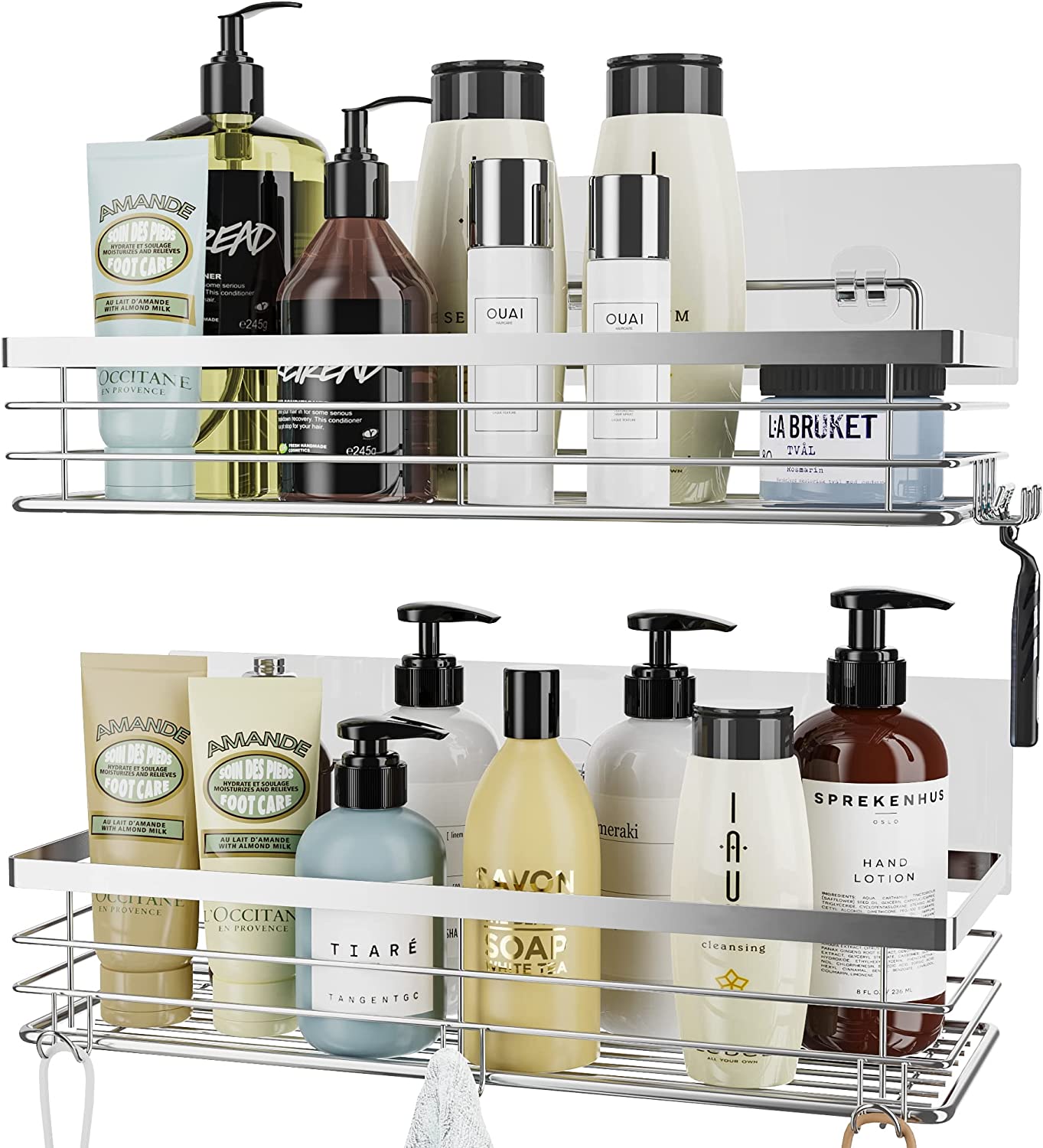 Shower Caddy with 5 Hooks Organizer for Hanging Razor and Sponge Bathroom Basket Adhesive Shower Shelf Storage Kitchen Rack Wall Mounted No Drilling Rustproof Stainless Steel - 2 Pack