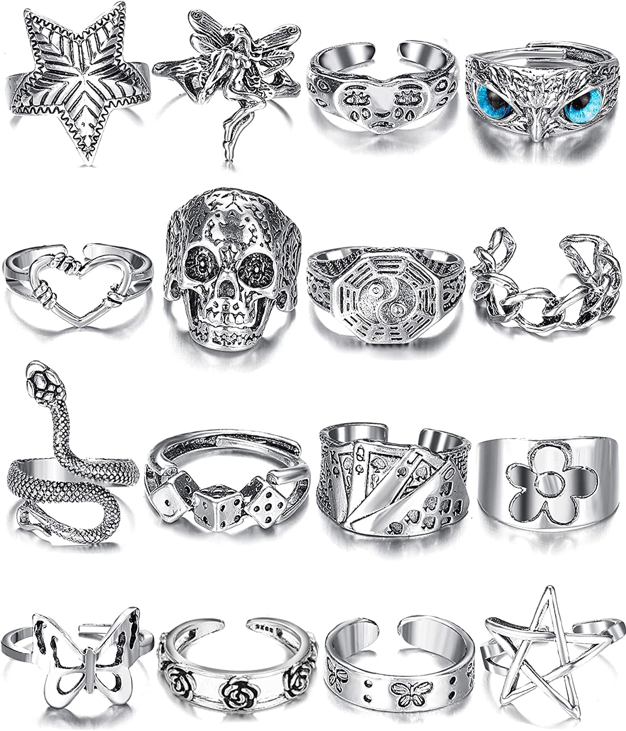 Vintage Silver Open Punk Rings for Men Women, 24PCS Adjustable Rings, Alt Rings, Chunky Silver Rings, Bulky Rings, Hippie Rings ,Cool Gothic Ring,Statement Stacking Ring, Skull Snake Star Flower Heart Eboy Emo Y2K Ring